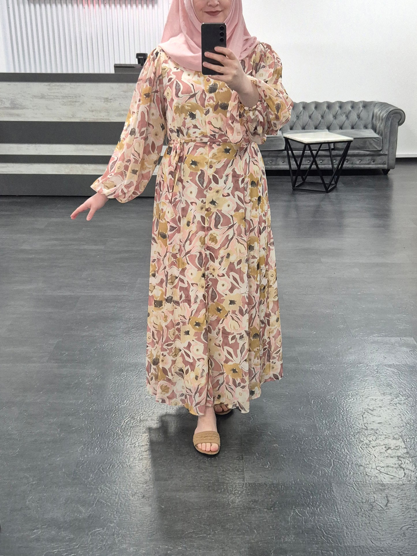 691 - floral dress grau organge