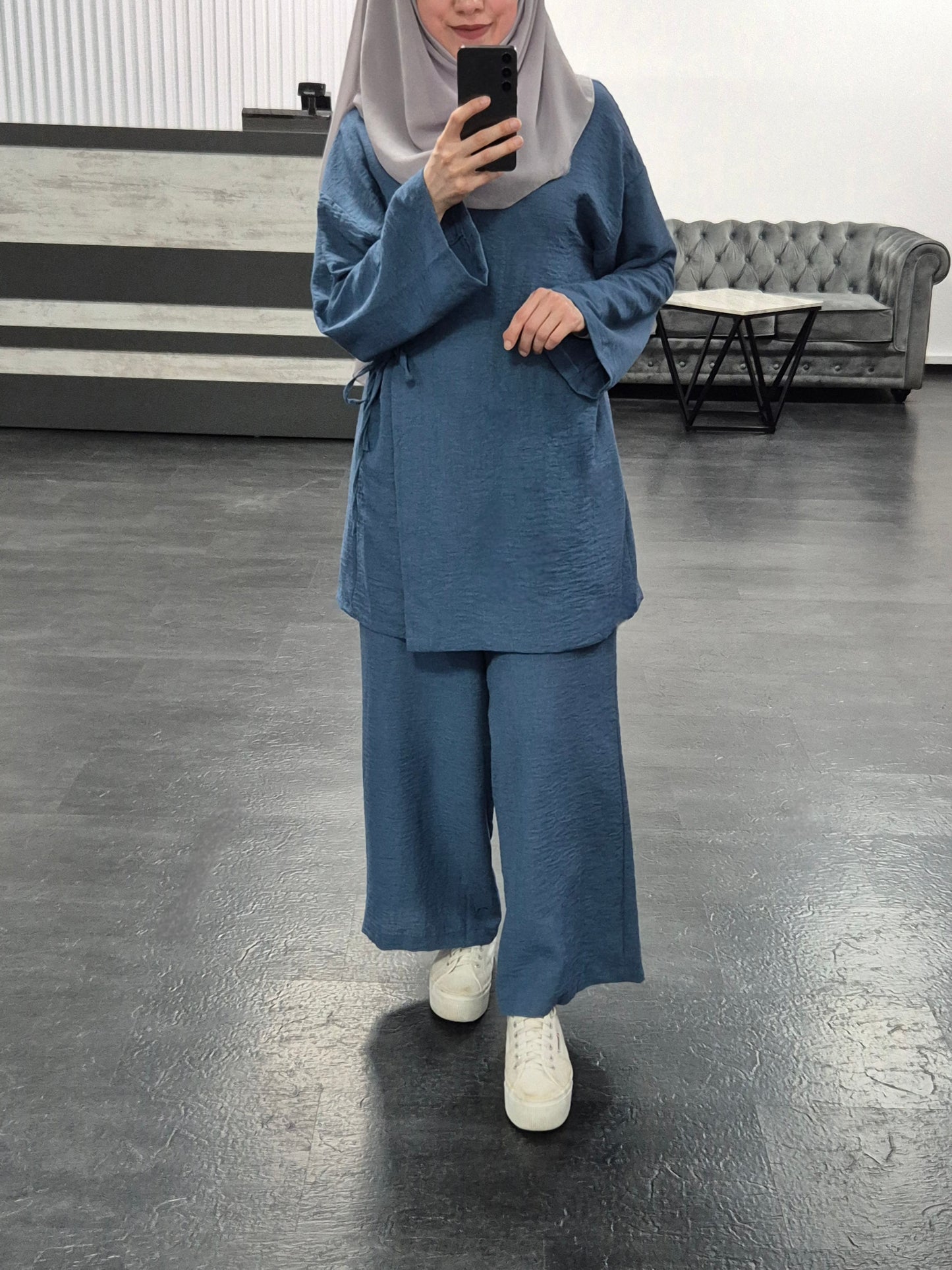 418 - Zweiteiler Tunika zum Binden + Hose blau