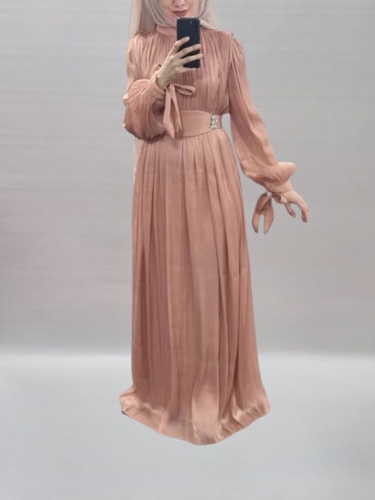 A72- Chiffon Abendkleid mit Gürtel in koralle
