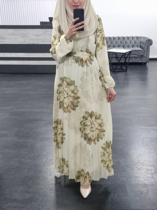 646- Chiffonkleid mit Blumenprint olivgrün