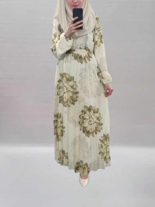 646- Chiffonkleid mit Blumenprint olivgrün