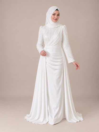 Evening dress with rhinestone embellishment and train