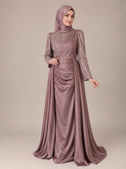 Evening dress with rhinestone embellishment and train