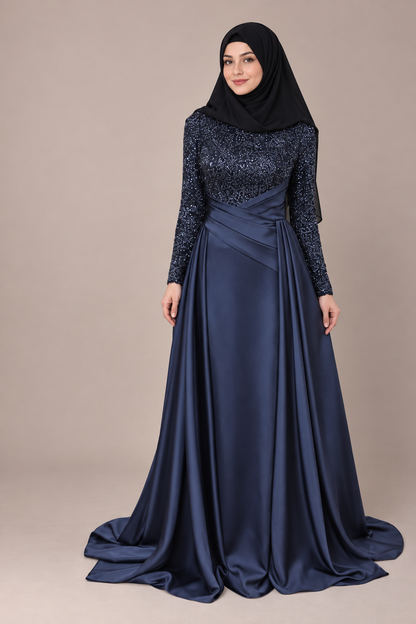 Glitter evening dress with train and draping