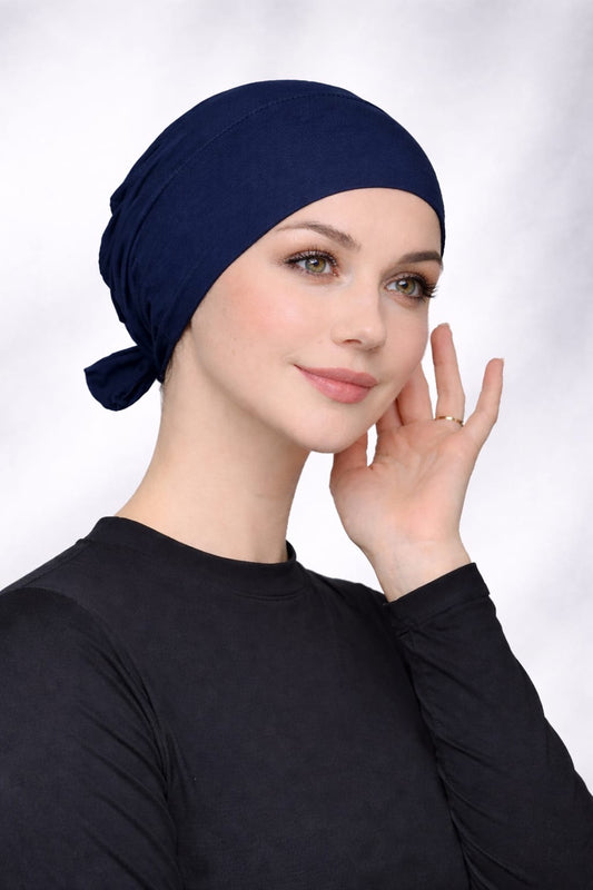 Viskose Bonnet – elastisches Unterkopftuch mit Bindeband dunkelblau