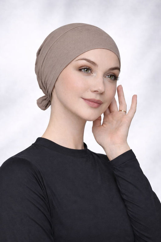Viskose Bonnet – elastisches Unterkopftuch mit Bindeband helltaupe