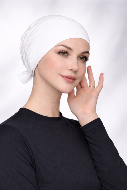 Viskose Bonnet – elastisches Unterkopftuch mit Bindeband weiß