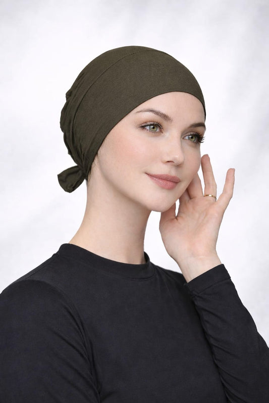 Viskose Bonnet – elastisches Unterkopftuch mit Bindeband khaki