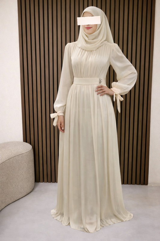 Chiffon Abendkleid mit Gürtel in beige